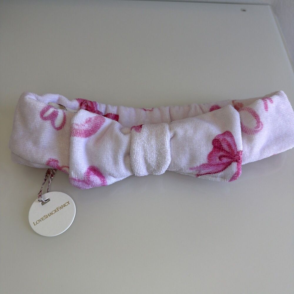 Love Shack Fancy Rare Print Face Wash Headband With Bow Blushing Kisses NWT Pink